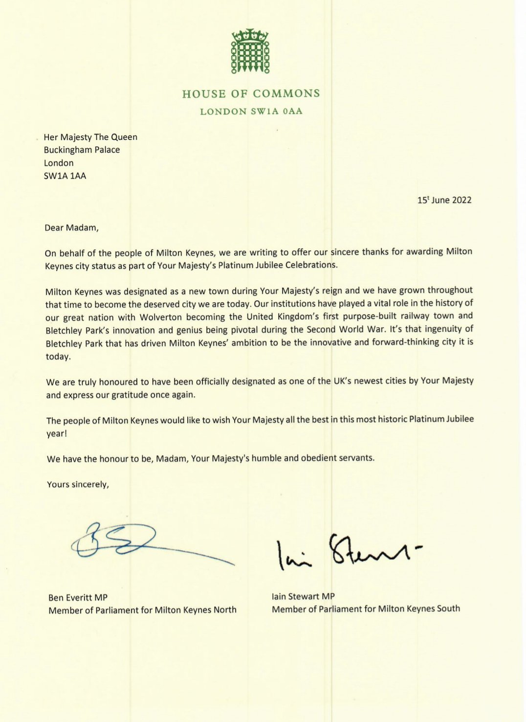 MPs letter to the Queen