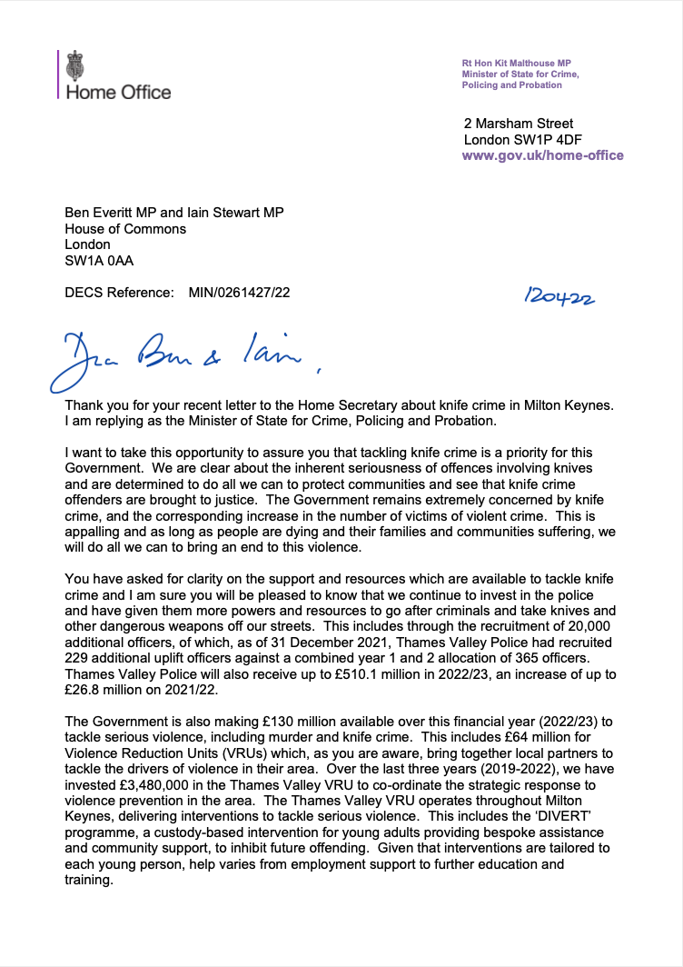 Letter from Kit Malthouse to Ben Everitt MP