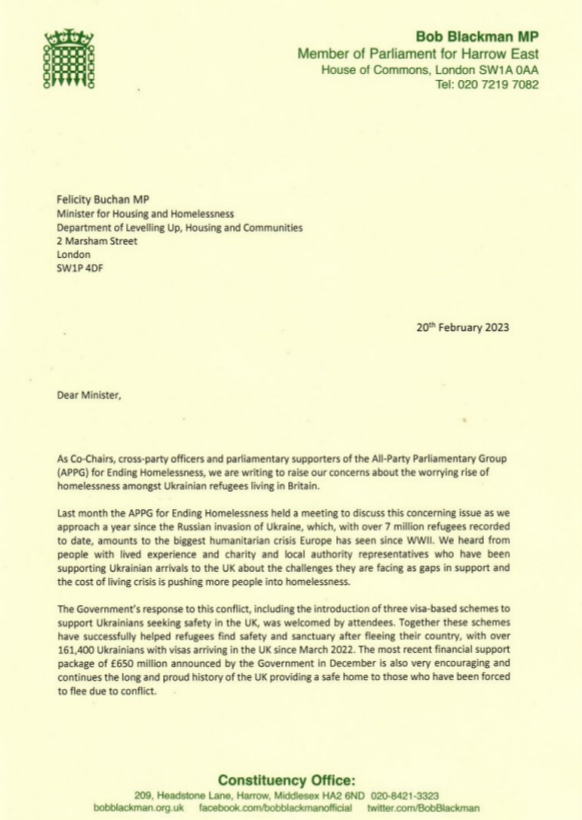 Page 1 of the letter to the Homelessness Minister
