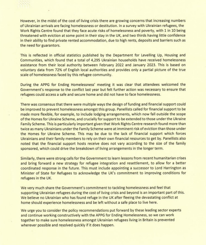Page 2 of the letter to the Homelessness Minister