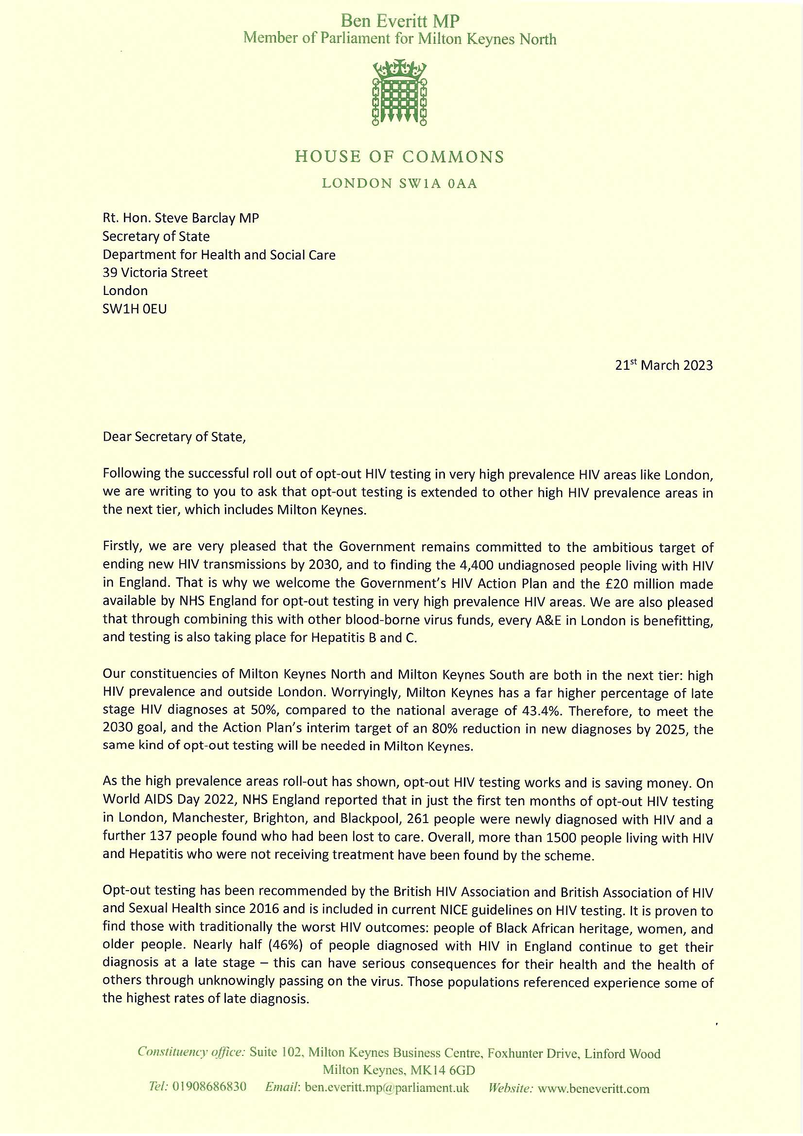 Part 1 of Iain Stewart MP and Ben Everitt MP letter on HIV testing to Steve Barclay