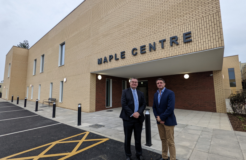 Ben and Iain Stewart MP outside the new Government funded Maple Centre at Milton Keynes University Hospital