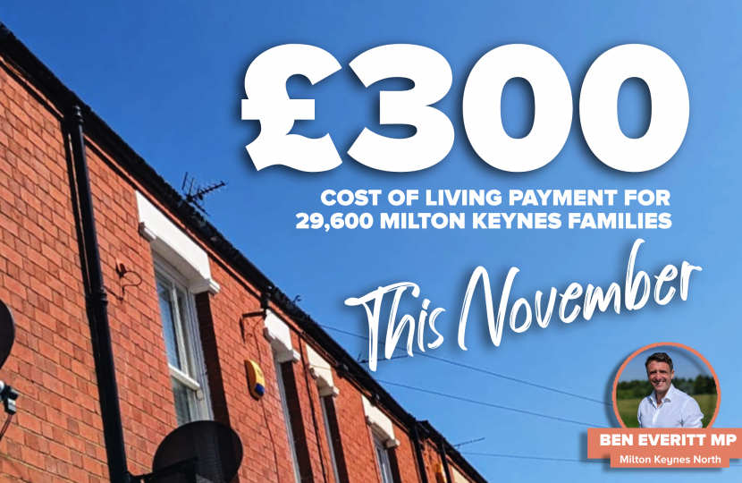 £300 Cost Of Living Payment for 29,600 families in Milton Keynes