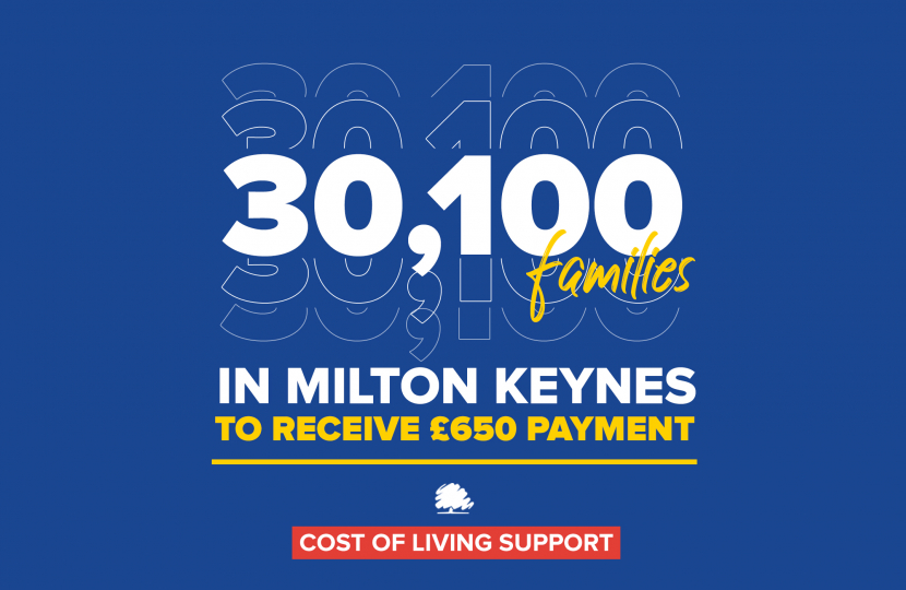 Graphic saying 30,100 families in Milton Keynes to receive £650 payment as part of Cost Of Living support