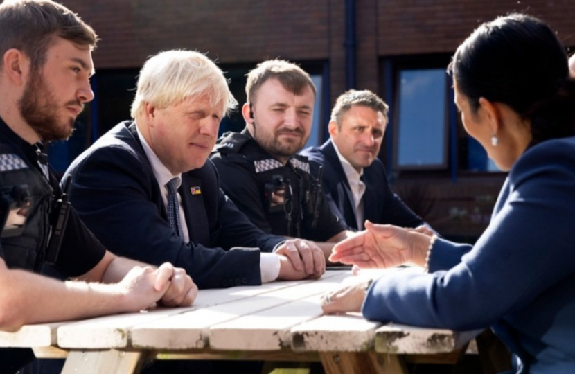 Boris Johnson, Priti Patel and Ben Everitt MP Meet Police In Milton Keynes