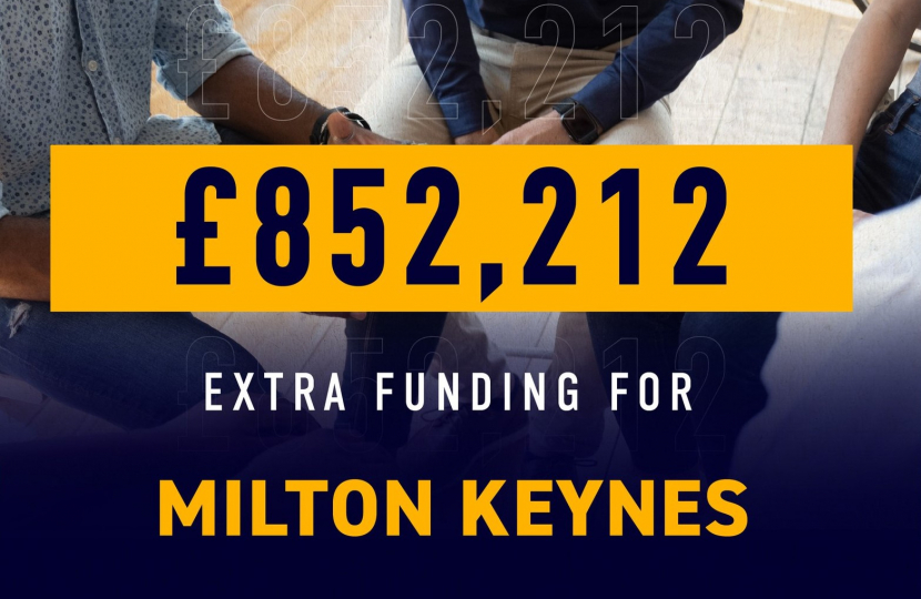 Graphic reads: £852,212 extra funding for Milton Keynes 