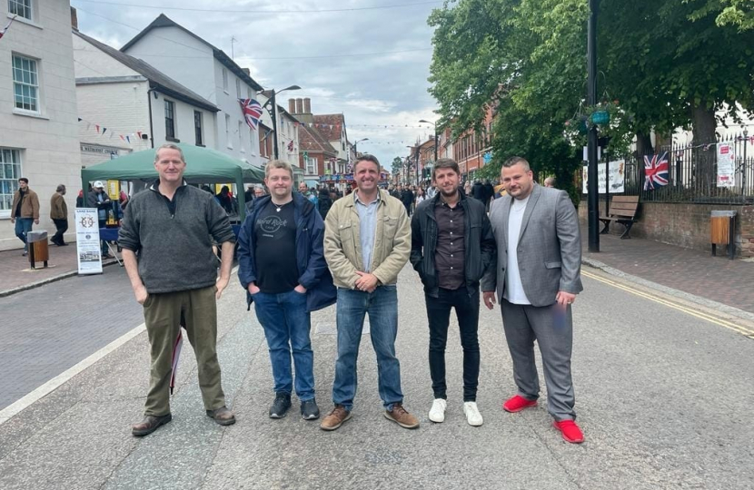 Ben (centre) at the Newport Pagnell Vintage Weekend with local councillors (l-r) George Bowyer, Chris Wardle, Liam Andrews and Scot Balazs