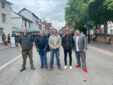 Ben (centre) at the Newport Pagnell Vintage Weekend with local councillors (l-r) George Bowyer, Chris Wardle, Liam Andrews and Scot Balazs